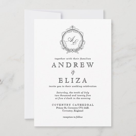 Invitation Élégant Monogram Crest Mariage noir et blanc (Devant)