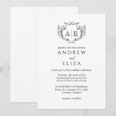Invitation Élégant Monogram Crest Mariage noir et blanc (Devant / Derrière)