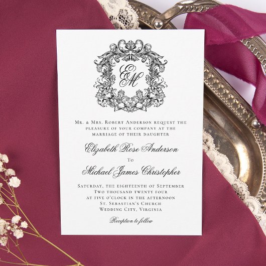 Invitation Élégant Monogram Crest Mariage noir et blanc