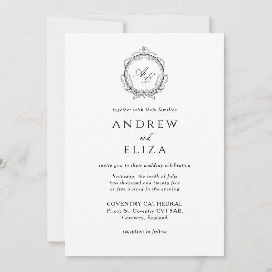 Invitation Élégant Monogram Crest Mariage noir et blanc (Devant)