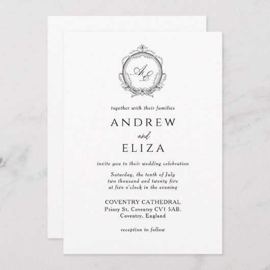 Invitation Élégant Monogram Crest Mariage noir et blanc (Devant / Derrière)