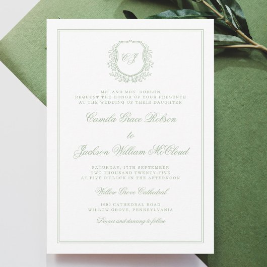 Invitation Elegant Monogram Crest Sage Green Wedding
