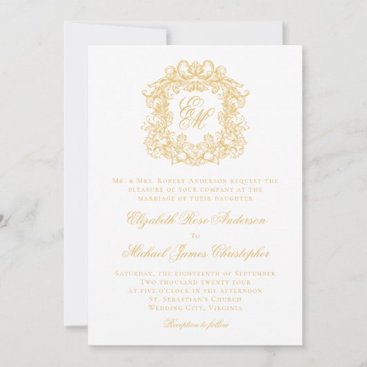 Invitation Élégant Monogram Crest Script Mariage Faux Gold (Devant)
