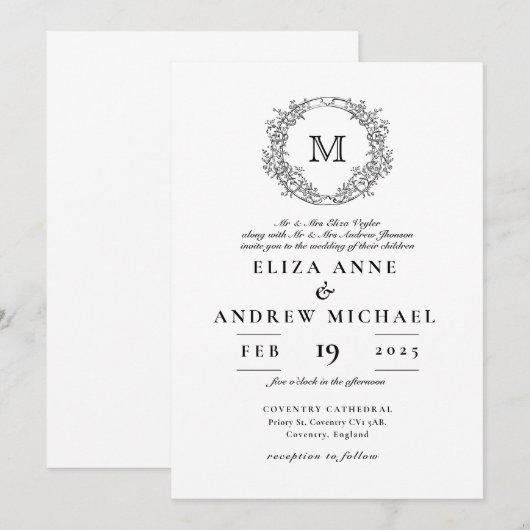 Invitation Elégant Monogram Crest Vintage Wedding (Devant / Derrière)
