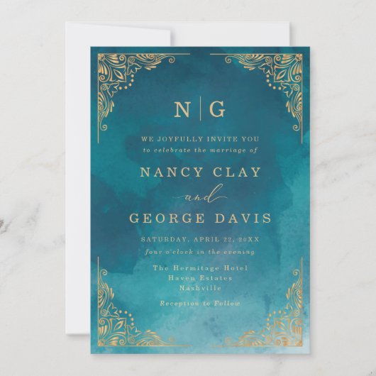 Invitation Elégant Monogram Gold Bordure Mariage vert (Devant)