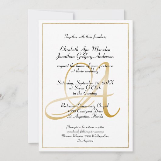 Invitation Élégant Monogram Gold Script Calligraphy Mariage (Devant)