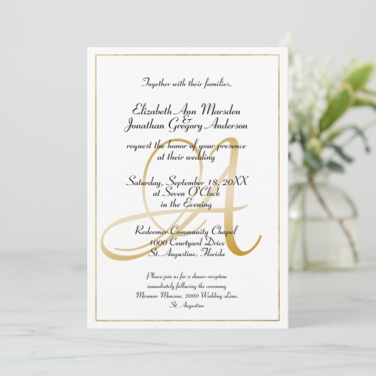 Invitation Élégant Monogram Gold Script Calligraphy Mariage (Debout devant)