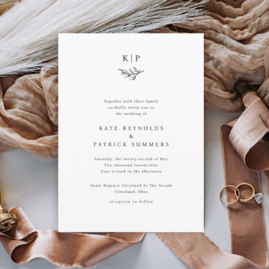 Invitation Elegant Monogram Greenery Leaves Simple Wedding