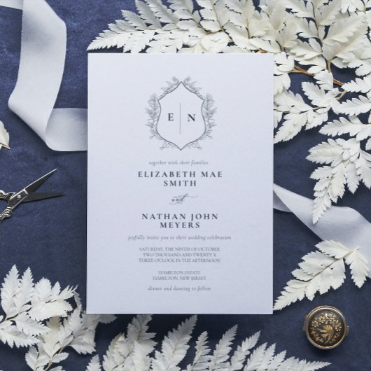 Invitation Élégant Monogram Marine Bleu Mariage officiel
