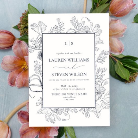 Invitation Élégant Monogram Marine Blue Floral Line Mariage d