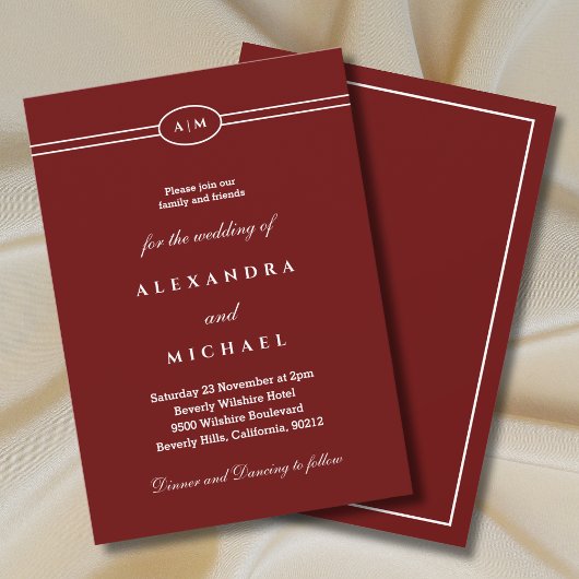 Invitation Elegant Monogram Minimalist Burgundy Wedding 
