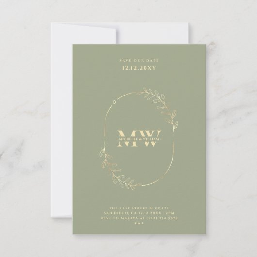 Invitation Élégant Monogram Sage Gold Boho Mariage (Devant)