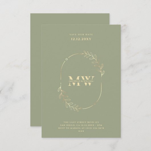 Invitation Élégant Monogram Sage Gold Boho Mariage (Devant / Derrière)