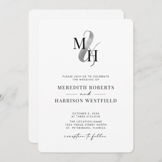 Invitation Élégant Monogram Silver Ampersand QR Code Mariage (Devant / Derrière)