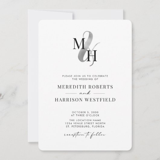 Invitation Élégant Monogram Silver Ampersand QR Code Mariage (Devant)