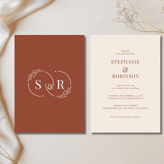 Invitation Élégant Monogram Terracotta Burnt Orange Mariage