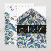 INVITATION ÉLÉGANT MONOGRAMME ANCIEN FLEUR BLEU FLORALIN DE F (Devant / Derrière)