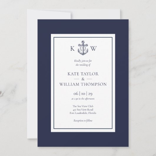 Invitation Élégant Monogramme Ancre Bleu Marine Naissance Mar (Devant)