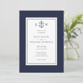 Invitation Élégant Monogramme Ancre Bleu Marine Naissance Mar (Debout devant)