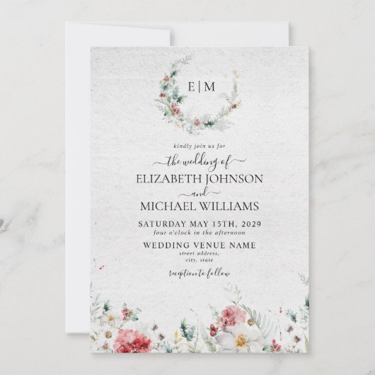 Invitation Elégant Monogramme Aquarelle Florale Mariage d'hiv (Devant)