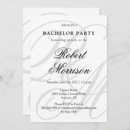 Invitation Élégant Monogrammé avec code QR Bacherlor Party (Devant / Derrière)
