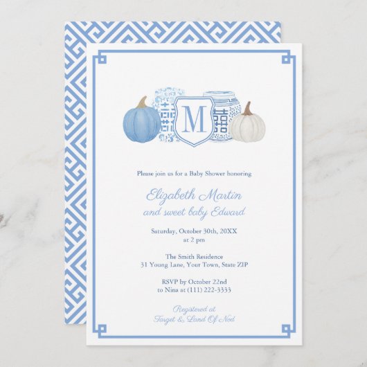 Invitation Elégant Monogramme Baby shower Citrouille bleu et  (Devant / Derrière)
