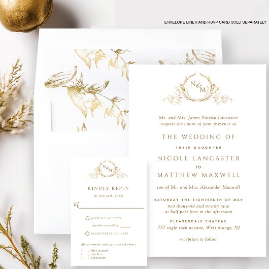 Invitation Élégant Monogramme blanc et or Mariage officiel