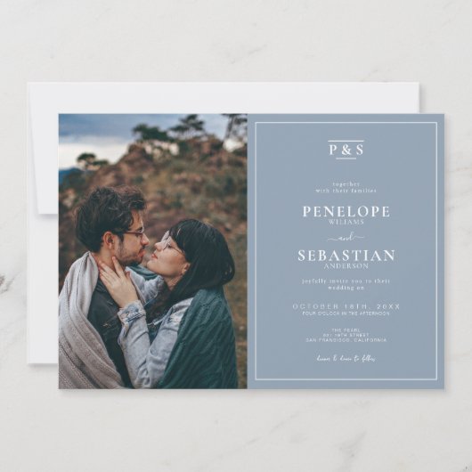 Invitation Élégant Monogramme bleu Dusty Simple Mariage photo (Devant)