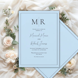 Invitation Élégant Monogramme Bleu Pastel Mariage Moderne