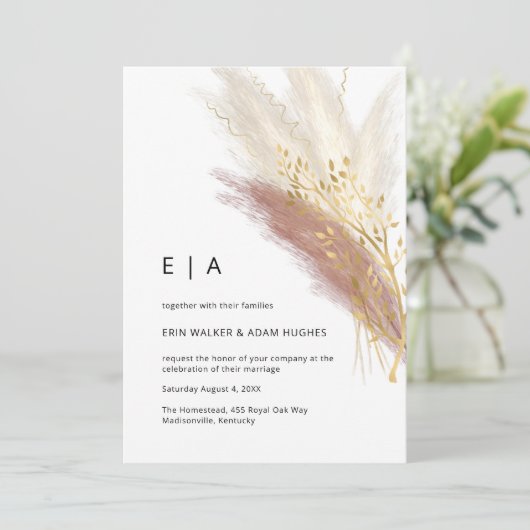 Invitation Elégant Monogramme Boho Rose Or Pampas Grass Invit (Debout devant)