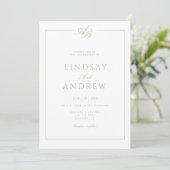 Invitation Élégant Monogramme Bordure Blanc Vert Mariage (Debout devant)