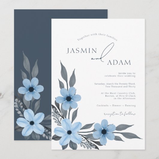 Invitation Élégant Monogramme Botanique Bleu de Mariage (Devant / Derrière)
