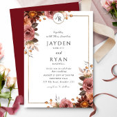 Invitation Élégant Monogramme Bourgogne et Mariage Blush