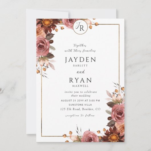 Invitation Élégant Monogramme Bourgogne et Mariage Blush (Devant)