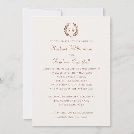 Invitation Élégant Monogramme Burnt Orange Mariage (Devant)