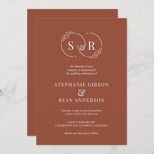 Invitation Élégant Monogramme Burnt Orange Terracotta Mariage (Devant / Derrière)