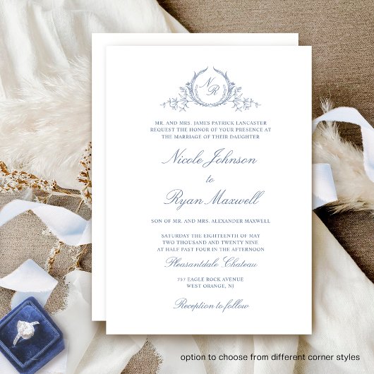 Invitation Élégant Monogramme classique Dusty Mariage bleu