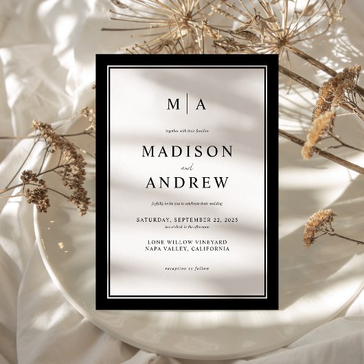 Invitation Élégant Monogramme classique Mariage noir et blanc