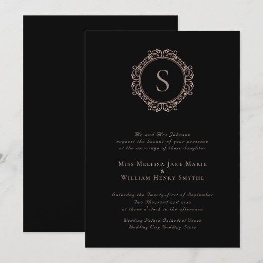Invitation Élégant Monogramme Copper Blush Mariage noir (Devant / Derrière)