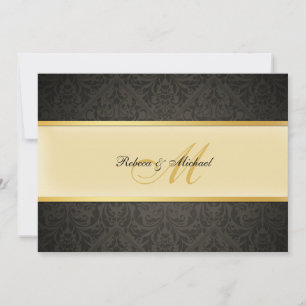 Invitation Élégant monogramme Damask Mariage noir et or