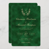 Invitation Élégant Monogramme de couronne velours vert Mariag (Devant / Derrière)