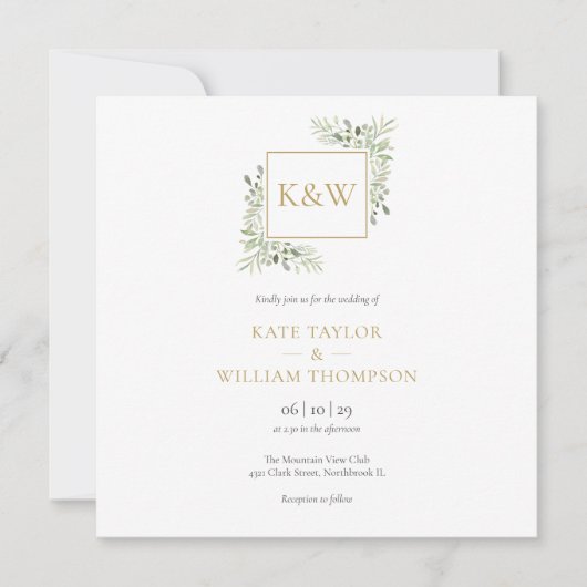 Invitation Élégant Monogramme de Feuillage Vert Mariage Carré (Devant)