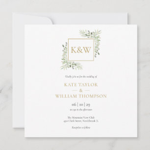 Invitation Élégant Monogramme de Feuillage Vert Mariage Carré