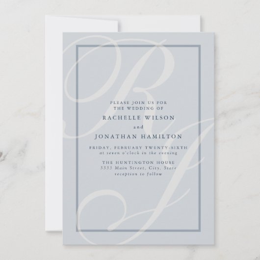 Invitation Élégant monogramme de mariage bleu script (Devant)