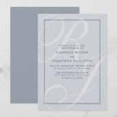 Invitation Élégant monogramme de mariage bleu script (Devant / Derrière)