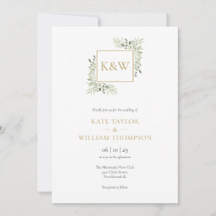 Invitation Élégant Monogramme de Mariage de Feuillage Vert