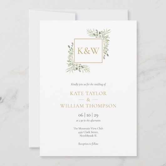 Invitation Élégant Monogramme de Mariage de Feuillage Vert (Devant)