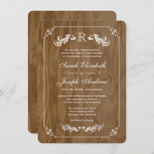 Invitation Élégant Monogramme de mariage en chêne (Devant / Derrière)