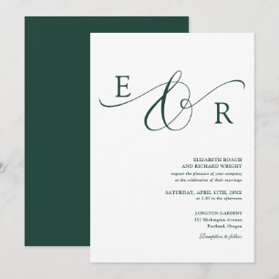 Invitation Élégant Monogramme de Mariage Vert Émeraude Script