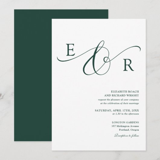 Invitation Élégant Monogramme de Mariage Vert Émeraude Script (Devant / Derrière)